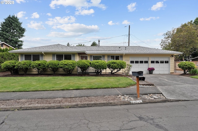 17725 NE Multnomah Dr, Portland, OR 97230 - ranch-style house featuring a garage, concrete driveway, a front lawn, and a shingled roof