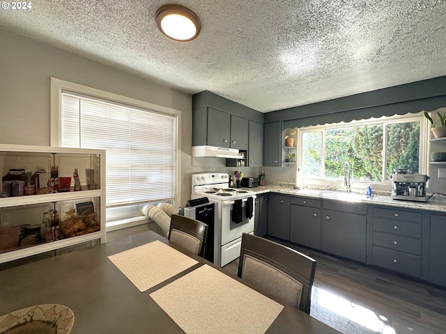 kitchen with gray cabinets, sink, a textured ceiling, and white electric range