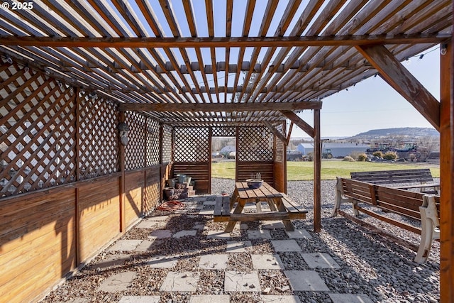 view of patio featuring a mountain view and a pergola