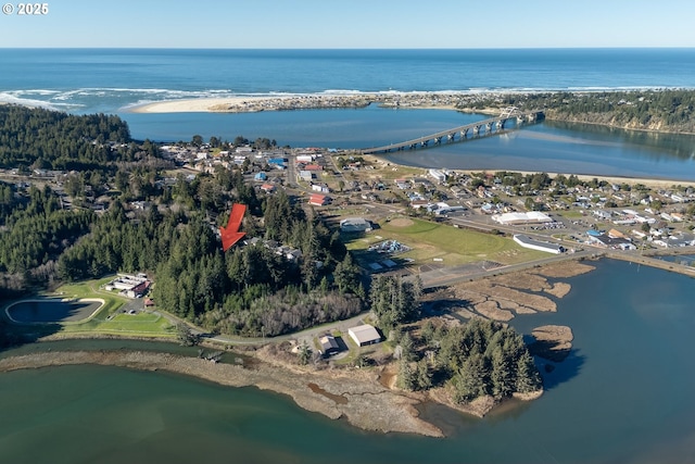 birds eye view of property with a water view