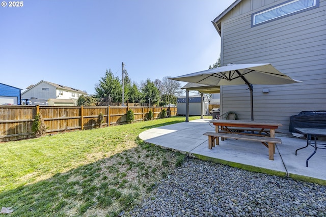 view of yard with an outbuilding, a fenced backyard, a patio, and a storage shed