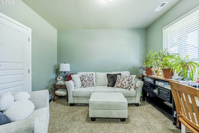 living room featuring light carpet, visible vents, and a textured ceiling