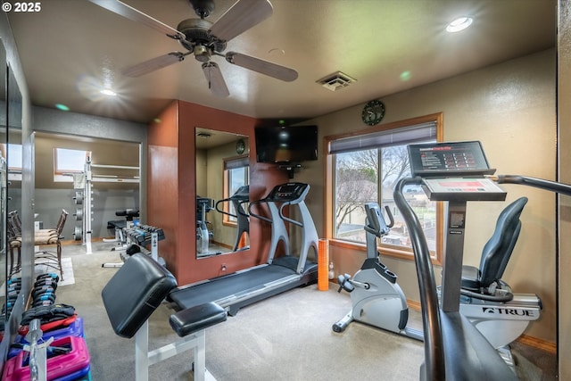 workout area with recessed lighting, carpet, ceiling fan, and visible vents