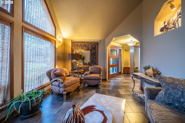 living area featuring a textured ceiling and high vaulted ceiling