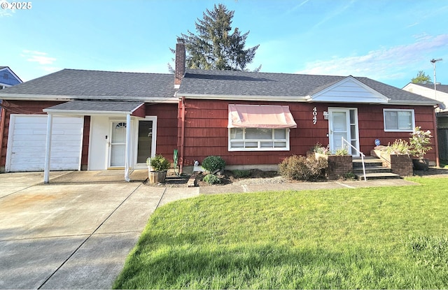 single story home featuring roof with shingles, a chimney, concrete driveway, and a front lawn