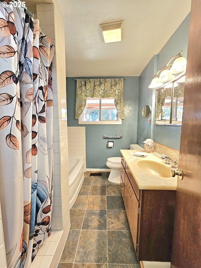 bathroom with stone finish flooring, visible vents, curtained shower, vanity, and toilet