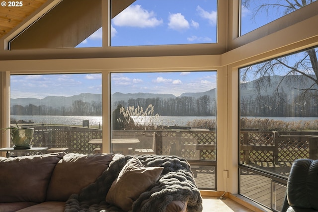 285 W Sunny Sands Rd, Cathlamet, WA 98612 - interior space featuring a towering ceiling, a water and mountain view, wood finished floors, and wood ceiling