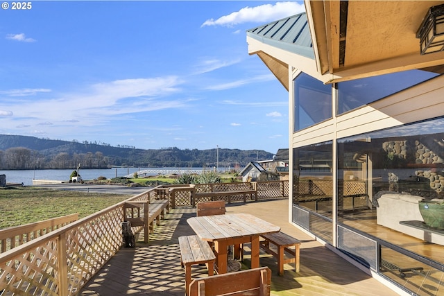 285 W Sunny Sands Rd, Cathlamet, WA 98612 - wooden terrace featuring a water and mountain view and outdoor dining space