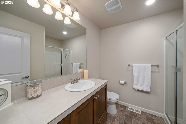 bathroom with toilet, vanity, a shower stall, and visible vents