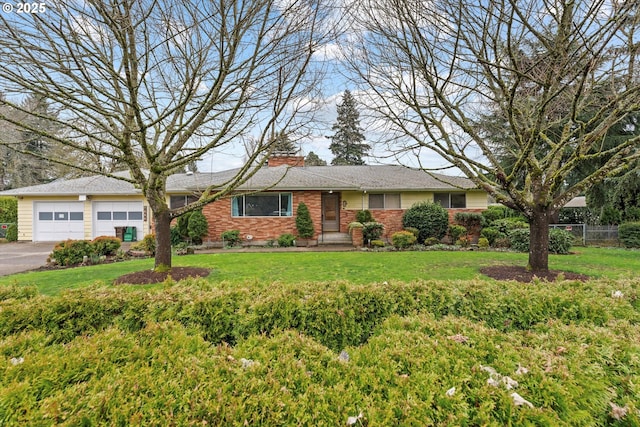 single story home with driveway, fence, a front yard, a garage, and a chimney