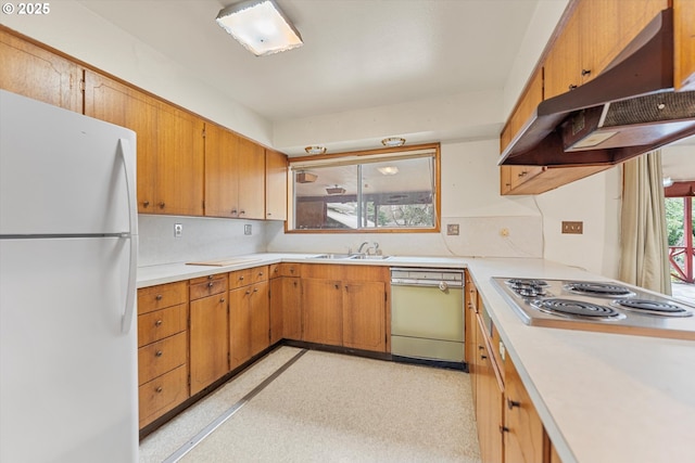 kitchen featuring under cabinet range hood, dishwasher, stainless steel electric stovetop, freestanding refrigerator, and a sink