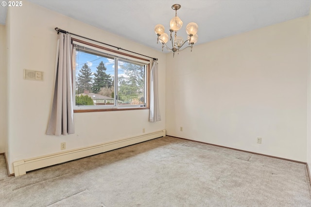 carpeted spare room with a notable chandelier, baseboards, and a baseboard radiator