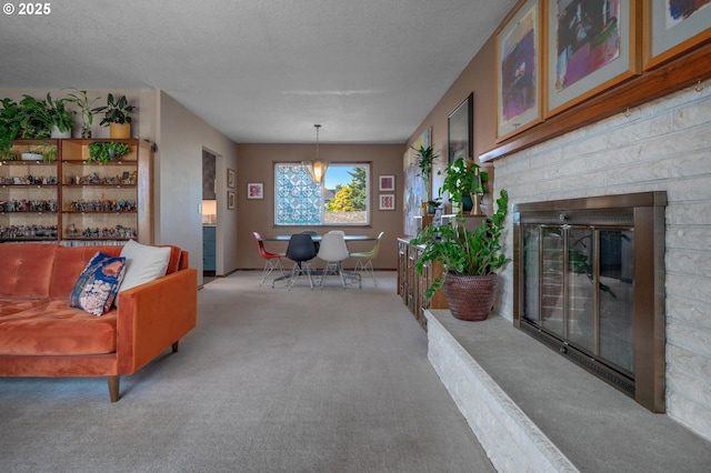 3511 NE Holman St, Portland, OR 97211 - living room featuring carpet floors, a textured ceiling, and a brick fireplace
