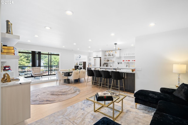 living room featuring light hardwood / wood-style floors and sink