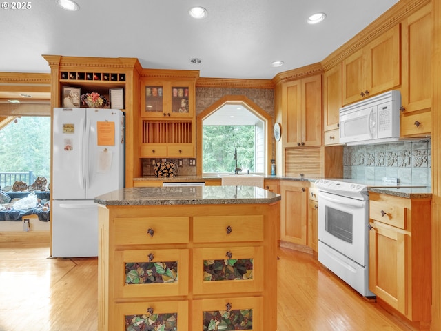 7145 SE Amity Dayton Hwy, Amity, OR 97101 - kitchen featuring white appliances, a sink, a center island, light wood-style flooring, and recessed lighting