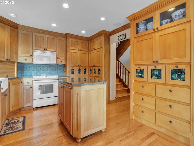 7145 SE Amity Dayton Hwy, Amity, OR 97101 - kitchen featuring white appliances, dark stone countertops, light wood finished floors, tasteful backsplash, and recessed lighting