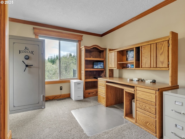 7145 SE Amity Dayton Hwy, Amity, OR 97101 - office featuring ornamental molding, a textured ceiling, light carpet, baseboards, and built in study area
