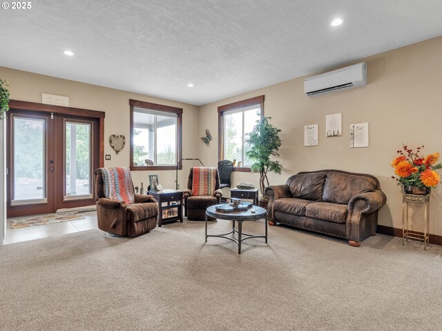 7145 SE Amity Dayton Hwy, Amity, OR 97101 - living room featuring a wall unit AC, carpet, recessed lighting, and a textured ceiling