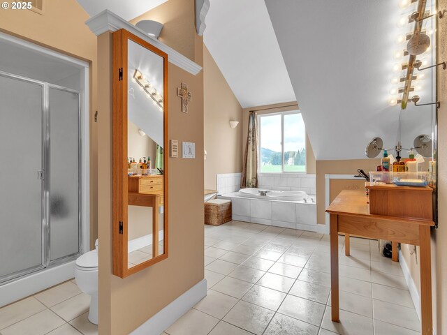 7145 SE Amity Dayton Hwy, Amity, OR 97101 - bathroom with vaulted ceiling, tile patterned floors, a garden tub, a shower stall, and vanity
