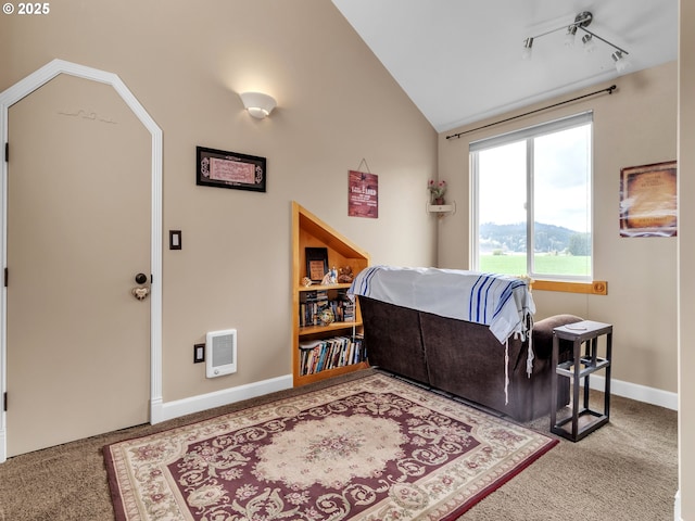 7145 SE Amity Dayton Hwy, Amity, OR 97101 - living area featuring carpet floors, vaulted ceiling, heating unit, track lighting, and baseboards