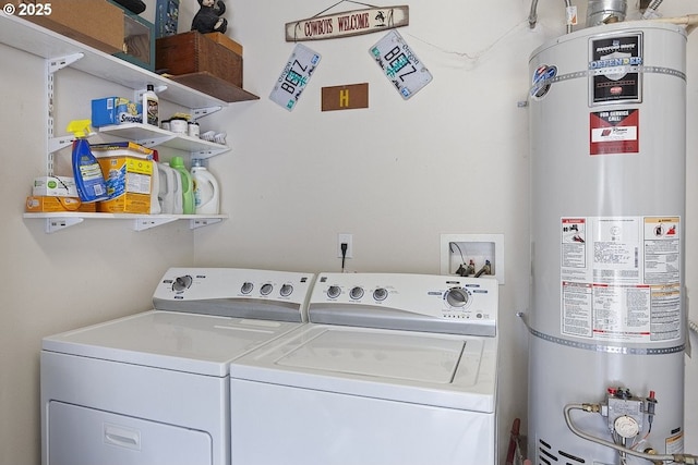 laundry area featuring laundry area, water heater, and separate washer and dryer