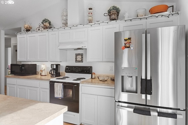 kitchen with black microwave, electric stove, light countertops, stainless steel refrigerator with ice dispenser, and range hood