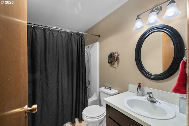 full bathroom with toilet, vanity, and shower / bath combo with shower curtain