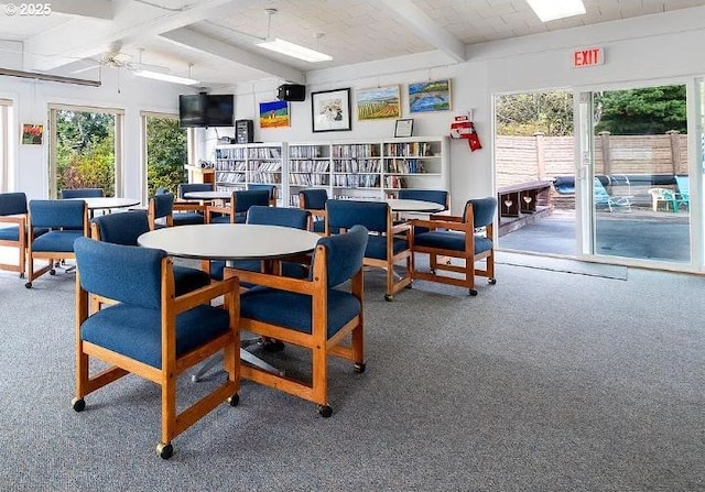 dining area featuring beamed ceiling, carpet floors, and a wealth of natural light