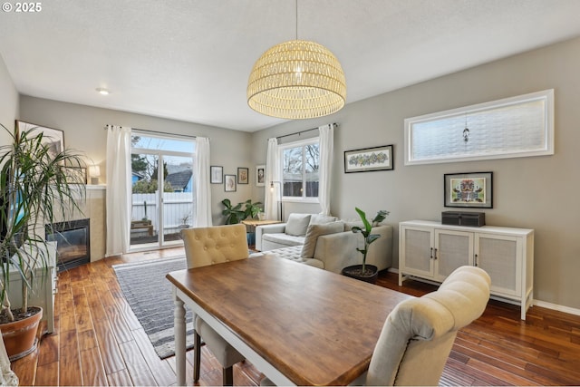 dining room featuring a healthy amount of sunlight, wood finished floors, and a high end fireplace