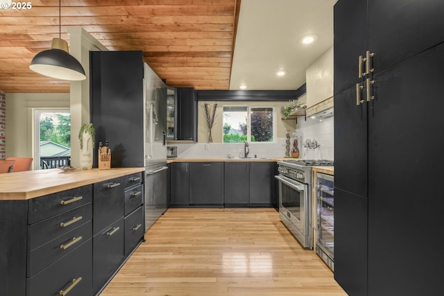 kitchen featuring a sink, light wood-style flooring, high end range, and a wealth of natural light