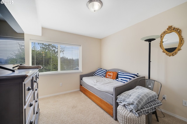 bedroom with light colored carpet