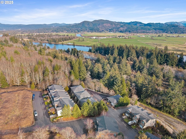 aerial view featuring a water and mountain view