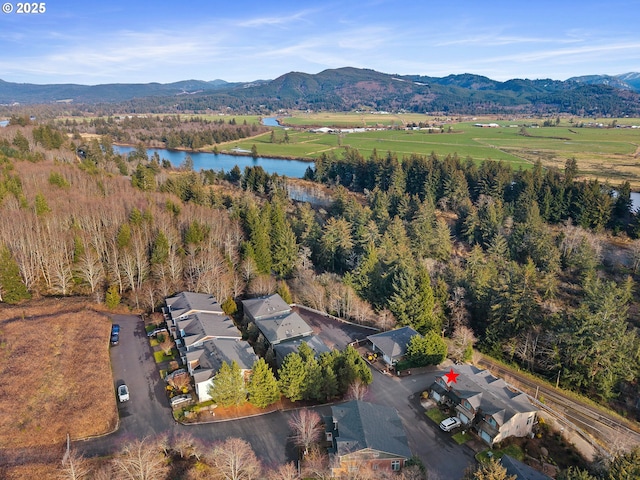 bird's eye view with a water and mountain view