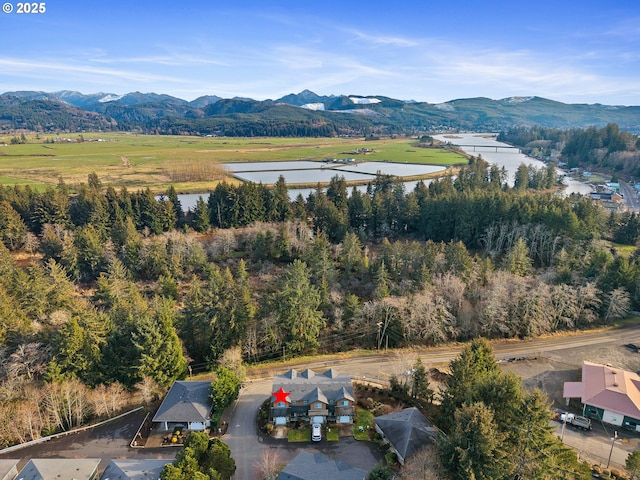 birds eye view of property featuring a water and mountain view