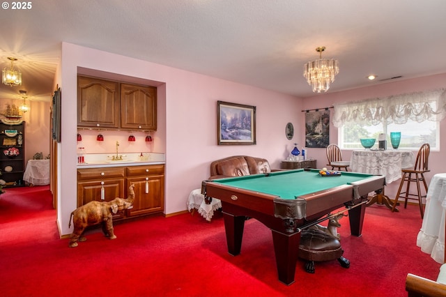 1218 SE Single Tree Dr, Vancouver, WA 98683 - recreation room with a chandelier, pool table, dark colored carpet, and bar area