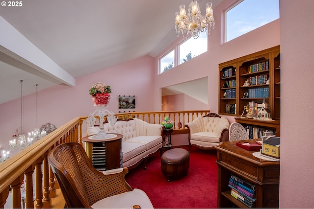 1218 SE Single Tree Dr, Vancouver, WA 98683 - living area with a chandelier, high vaulted ceiling, carpet floors, and an upstairs landing