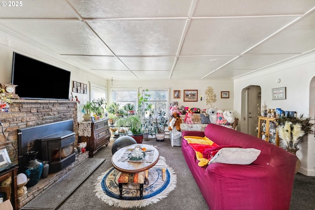 carpeted living room featuring a wood stove