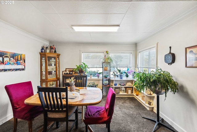 carpeted dining room with crown molding and plenty of natural light