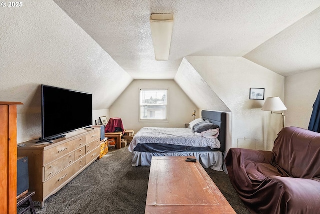 carpeted bedroom with vaulted ceiling and a textured ceiling