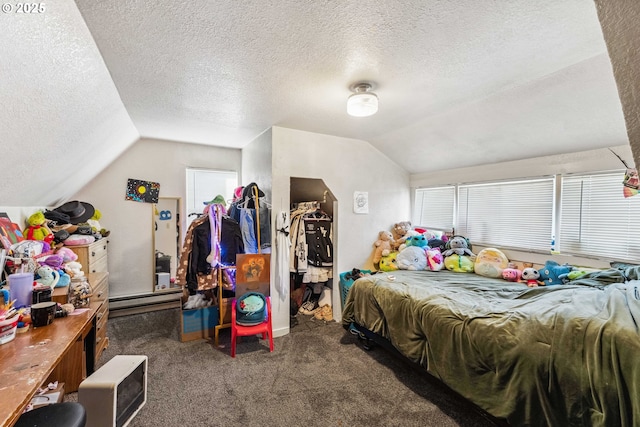 bedroom featuring multiple windows, lofted ceiling, carpet floors, and a textured ceiling