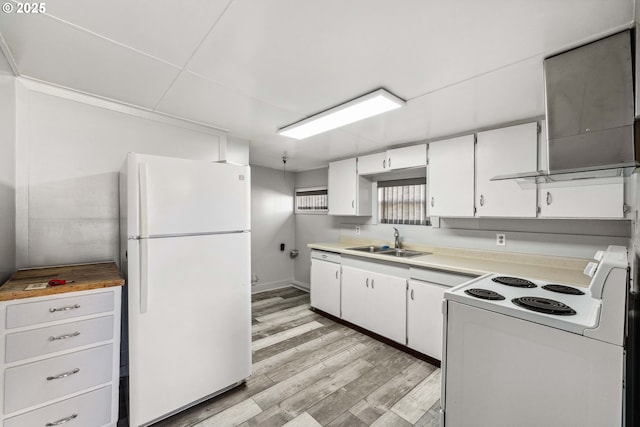 kitchen featuring white cabinetry, sink, white appliances, and light wood-type flooring