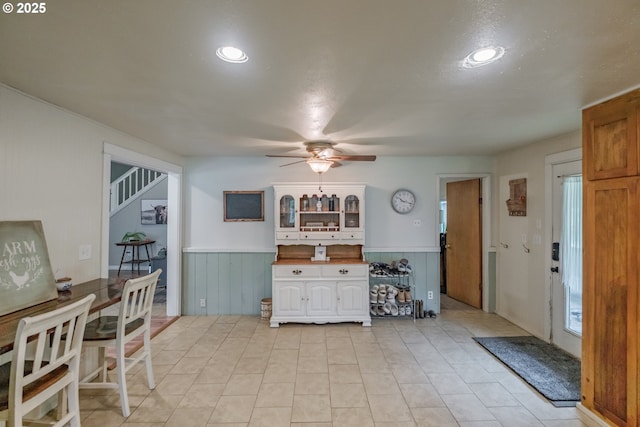 11885 Riverhaven Ln SE, Stayton, OR 97383 - kitchen featuring ceiling fan, a wainscoted wall, and recessed lighting