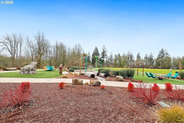 view of community with a lawn and a playground