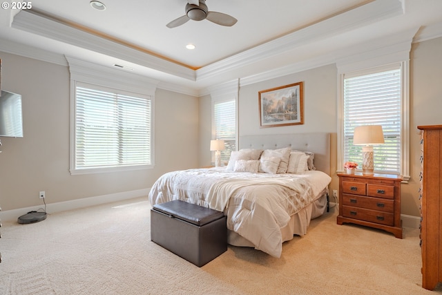 21106 NW 3rd Ct, Ridgefield, WA 98642 - bedroom featuring ornamental molding, a tray ceiling, light carpet, recessed lighting, and a ceiling fan