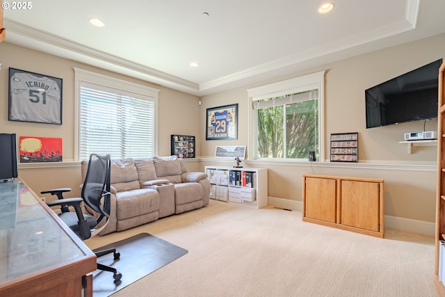 21106 NW 3rd Ct, Ridgefield, WA 98642 - carpeted office space with a tray ceiling, recessed lighting, and ornamental molding