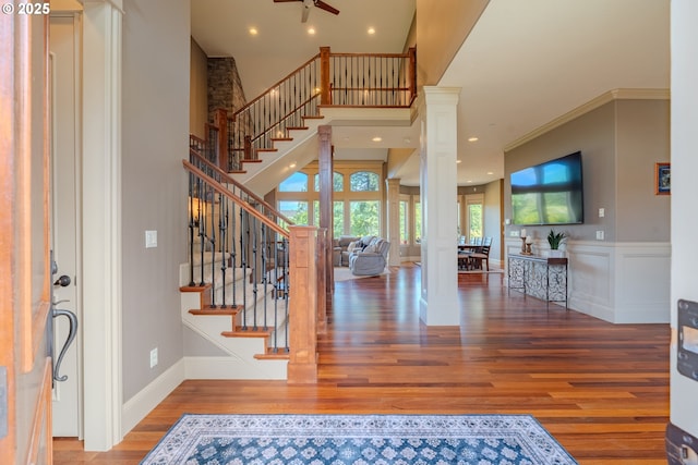 21106 NW 3rd Ct, Ridgefield, WA 98642 - entrance foyer featuring wood finished floors, stairs, ceiling fan, crown molding, and recessed lighting