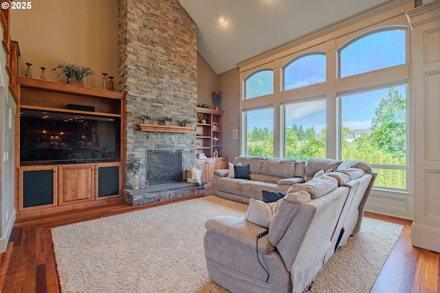 21106 NW 3rd Ct, Ridgefield, WA 98642 - living area featuring high vaulted ceiling, healthy amount of natural light, wood finished floors, a fireplace, and recessed lighting