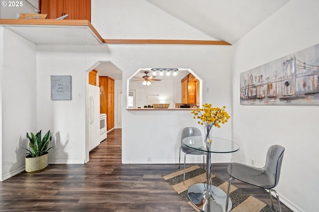 dining area featuring dark hardwood / wood-style floors, ceiling fan, and lofted ceiling