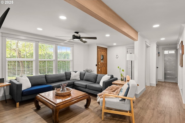 22692 SW Highland Dr, Sherwood, OR 97140 - living room with light wood-type flooring, recessed lighting, ceiling fan, and baseboards