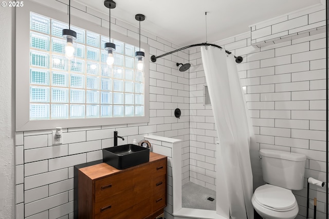 22692 SW Highland Dr, Sherwood, OR 97140 - full bathroom with tile walls, a sink, a shower stall, toilet, and plenty of natural light